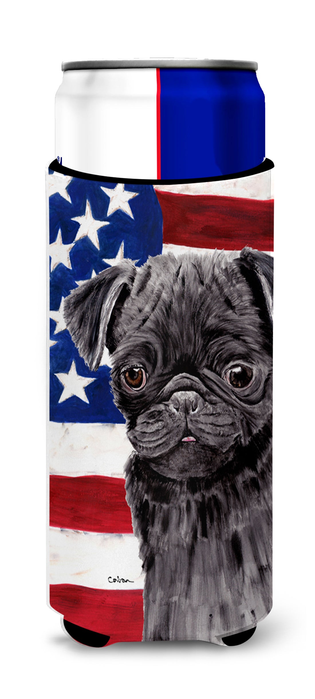 USA American Flag with Pug Ultra Beverage Insulators for slim cans SC9011MUK.