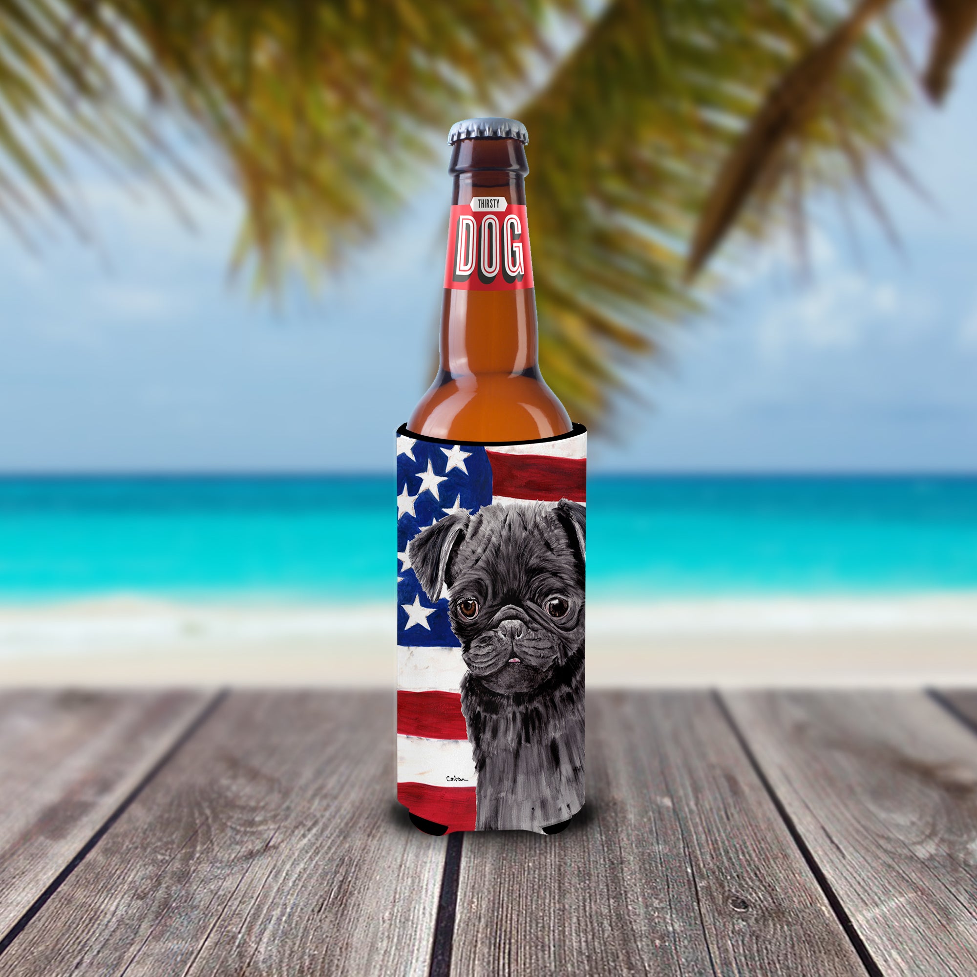 USA American Flag with Pug Ultra Beverage Insulators for slim cans SC9011MUK.