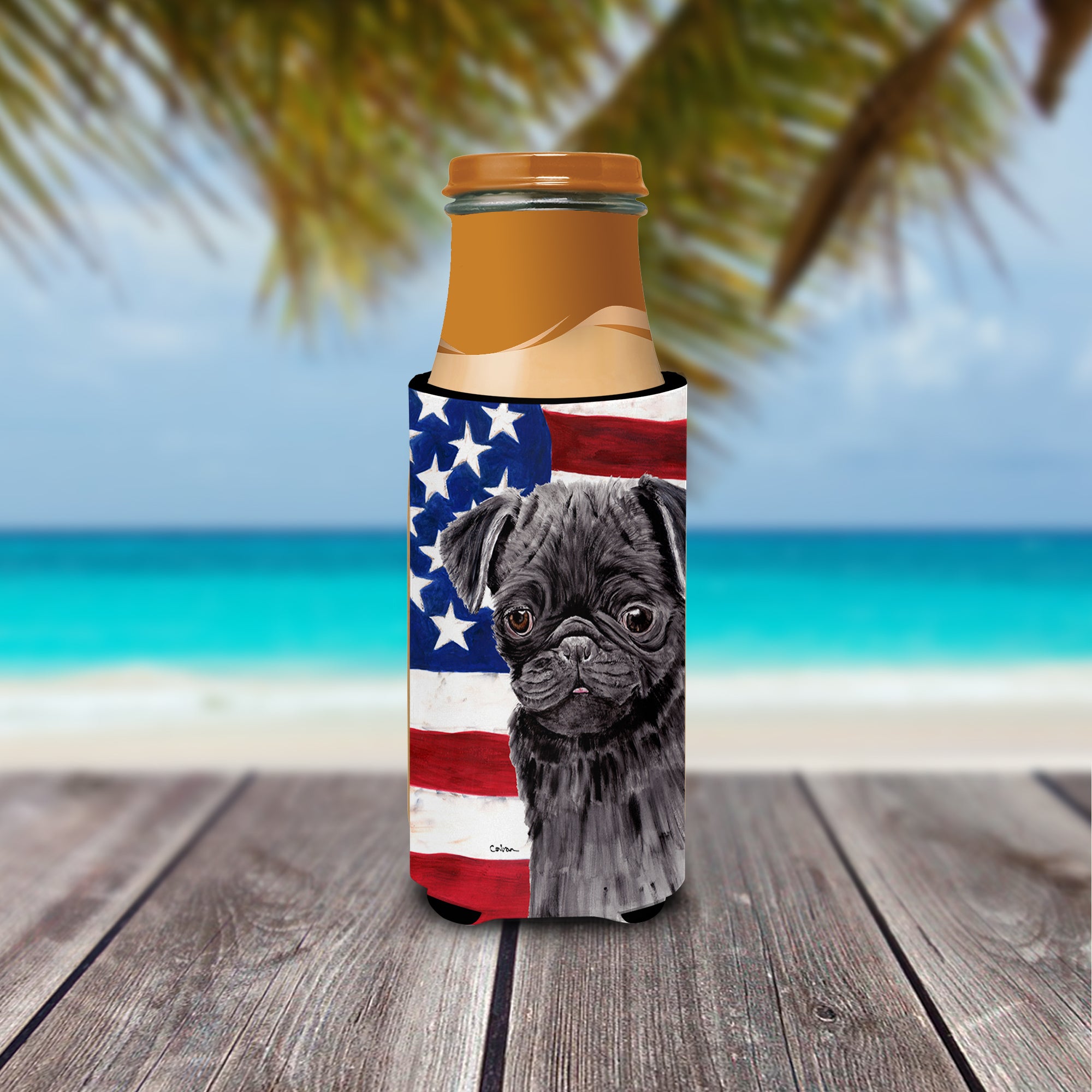 USA American Flag with Pug Ultra Beverage Insulators for slim cans SC9011MUK.