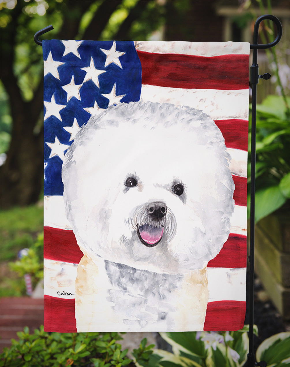 USA American Flag with Bichon Frise Flag Garden Size.