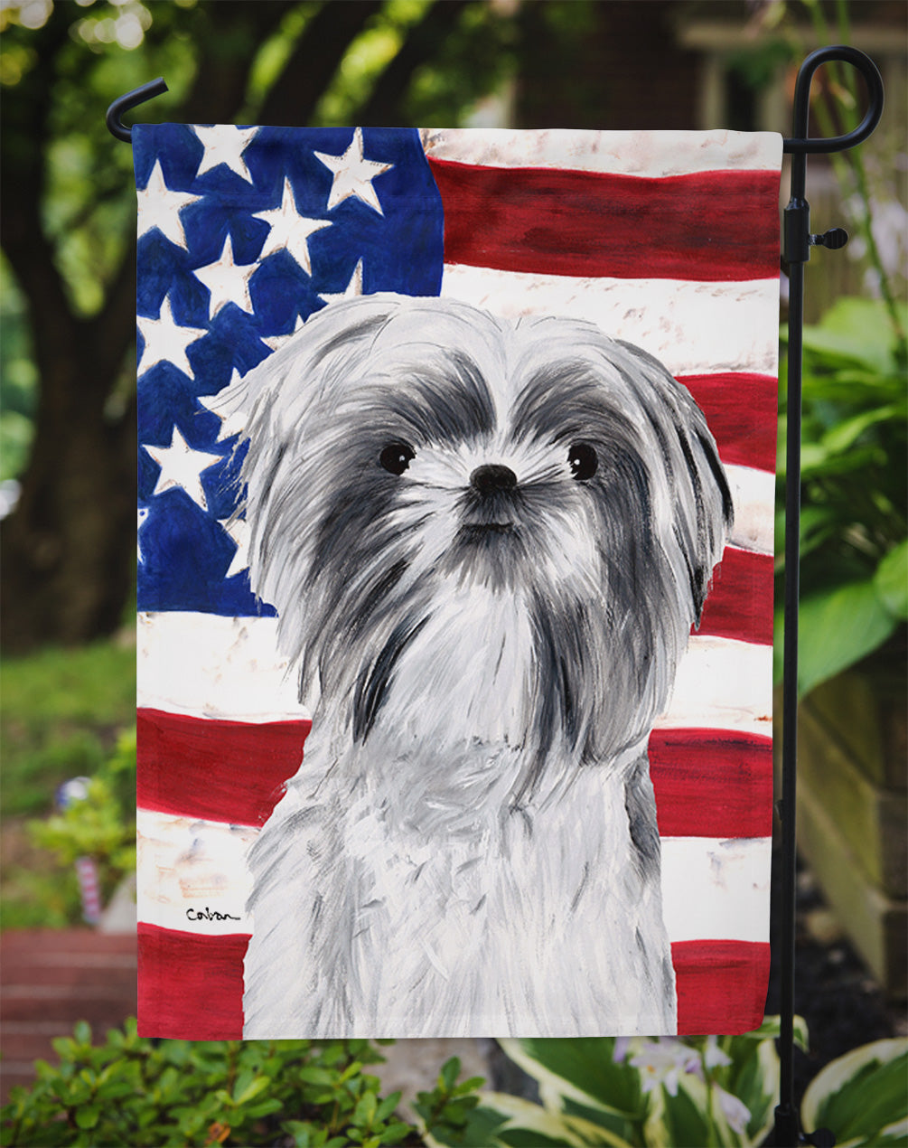 USA American Flag with Shih Tzu Flag Garden Size.