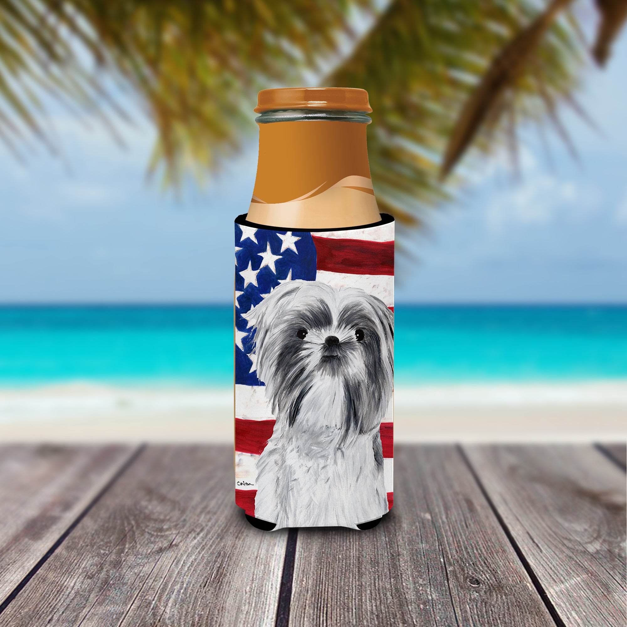 USA American Flag with Shih Tzu Ultra Beverage Insulators for slim cans SC9015MUK.