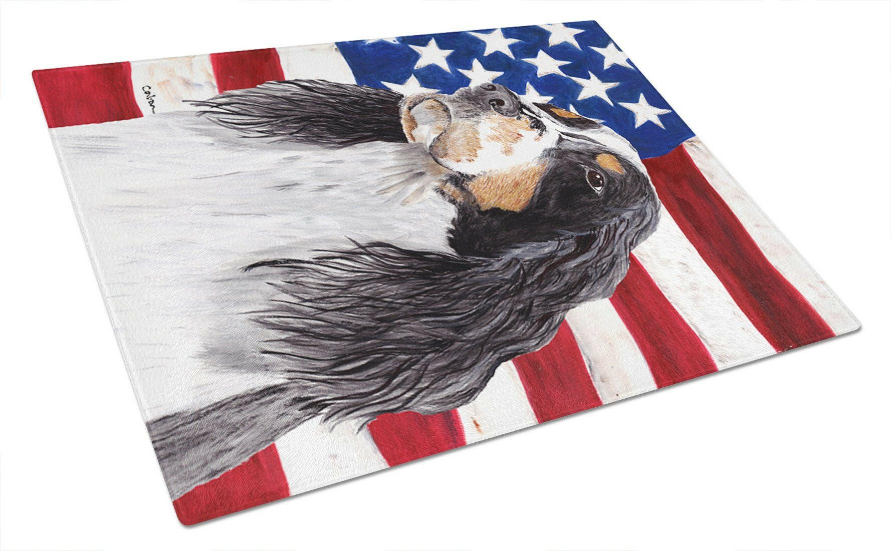 USA American Flag with Springer Spaniel Glass Cutting Board Large by Caroline's Treasures