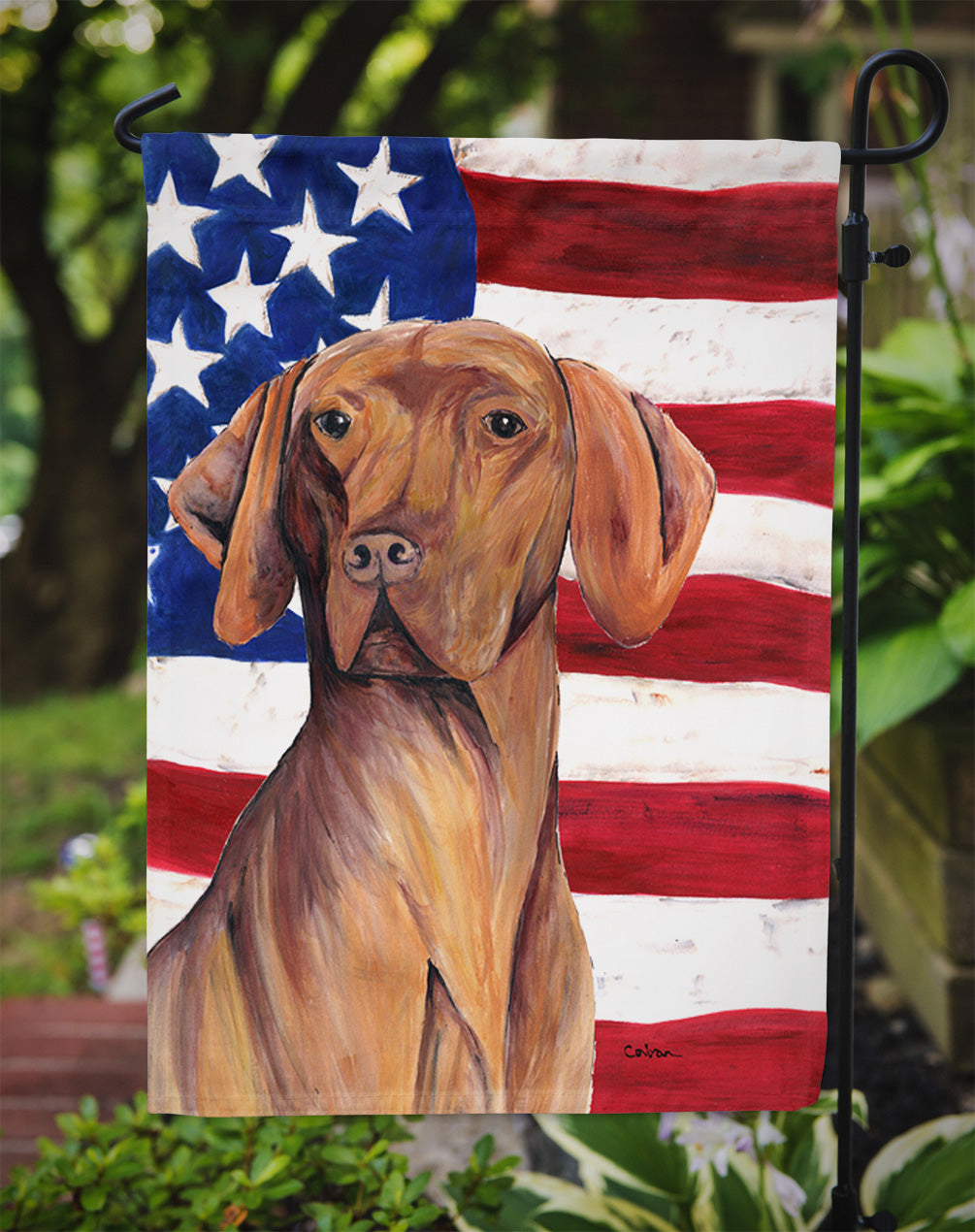 USA American Flag with Vizsla Flag Garden Size.