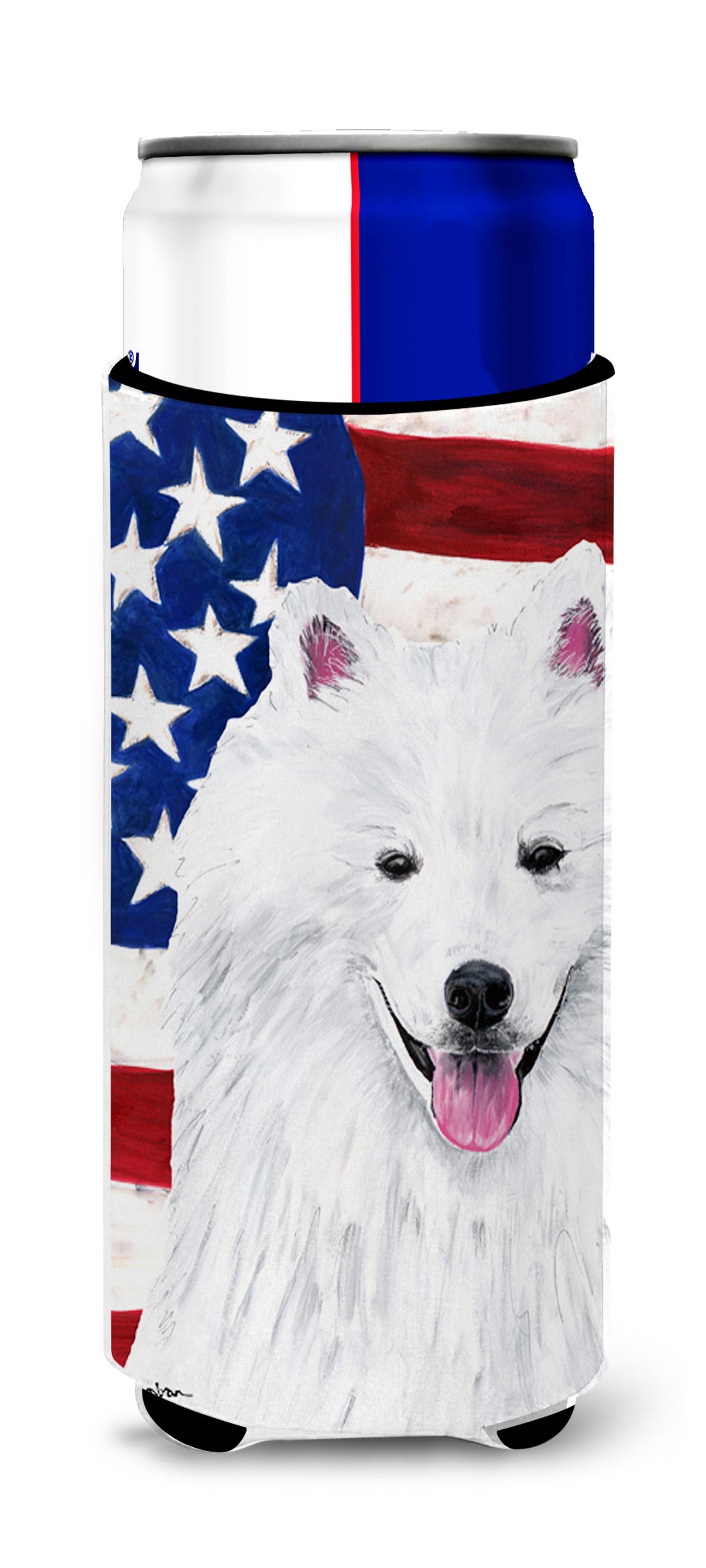 USA American Flag with American Eskimo Ultra Beverage Insulators for slim cans SC9023MUK.