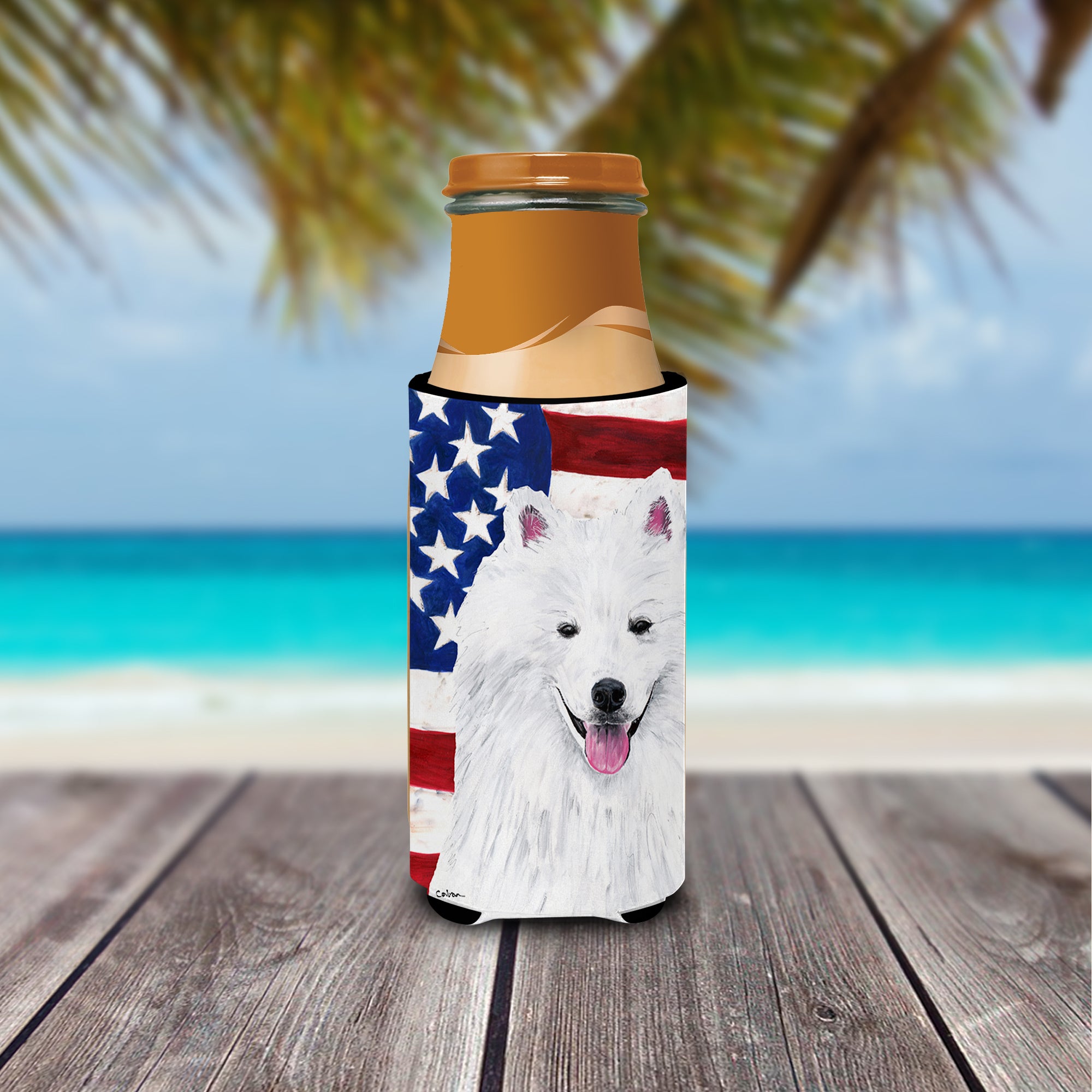USA American Flag with American Eskimo Ultra Beverage Insulators for slim cans SC9023MUK.