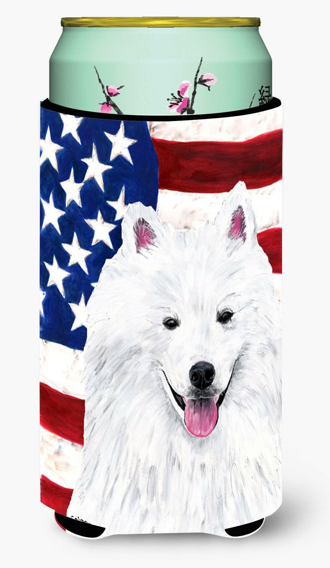 USA American Flag with American Eskimo  Tall Boy Beverage Insulator Beverage Insulator Hugger by Caroline&#39;s Treasures