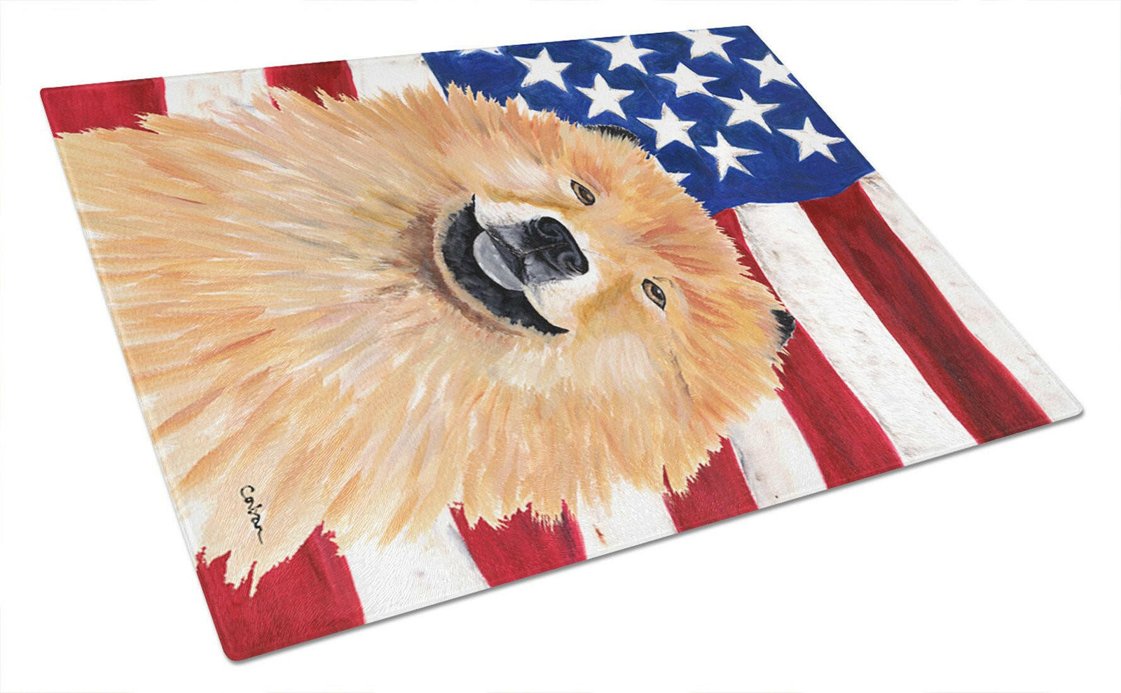 USA American Flag with Chow Chow Glass Cutting Board Large by Caroline's Treasures