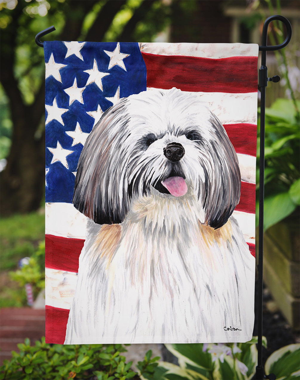 USA American Flag with Shih Tzu Flag Garden Size.