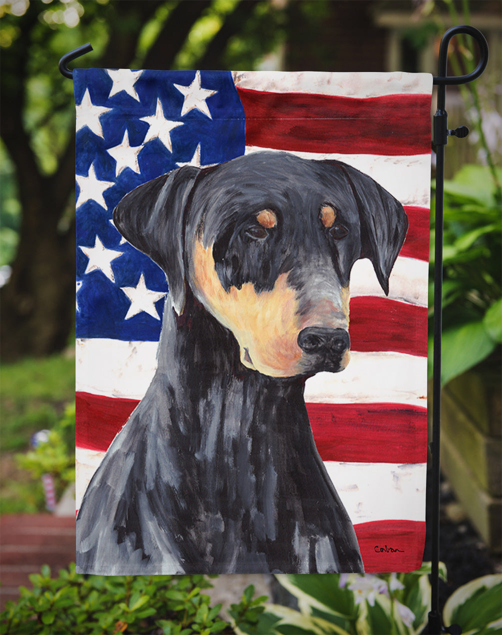 USA American Flag with Doberman Flag Garden Size.