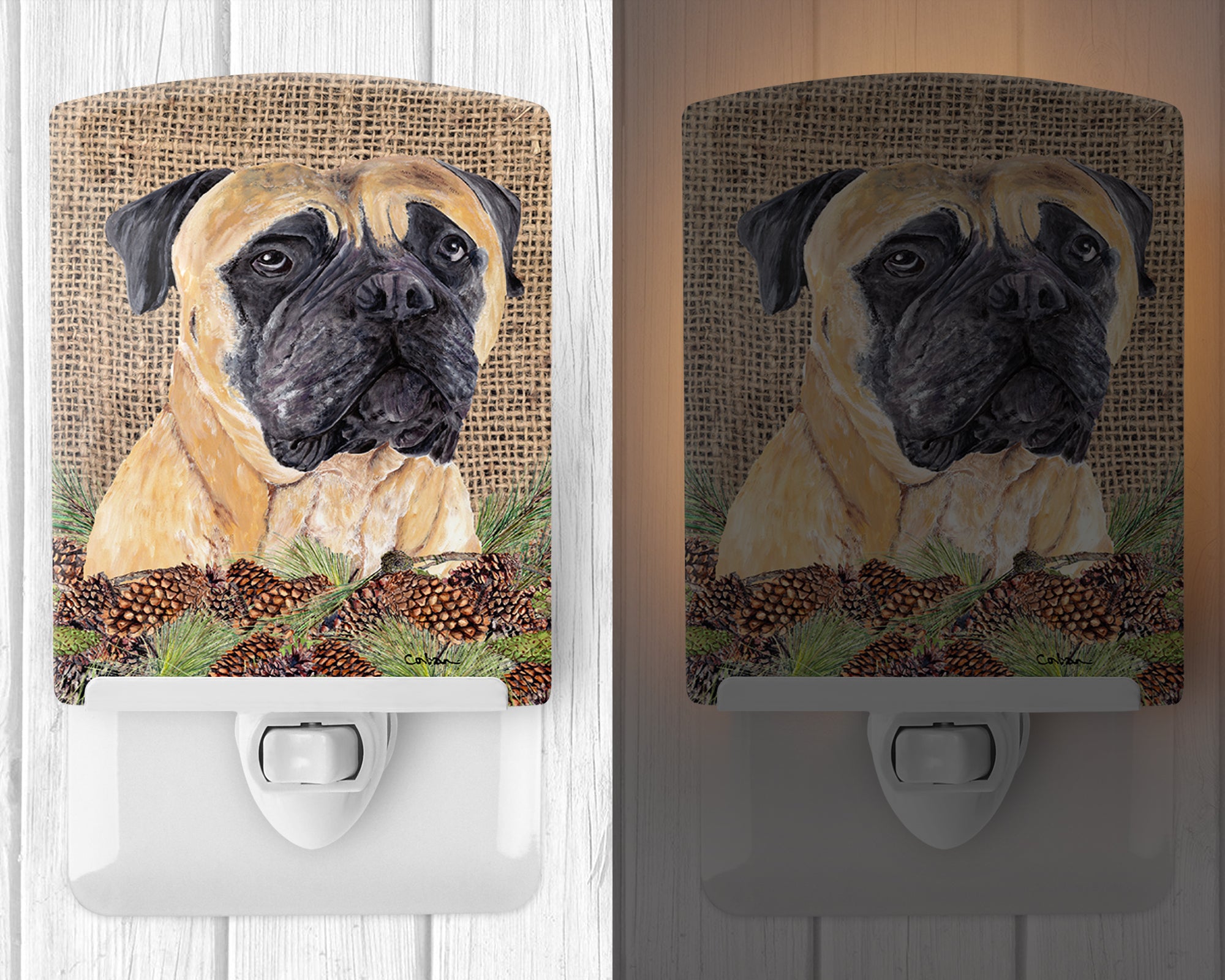 Mastiff Faux Burlap and Pine cones Ceramic Night Light SC9037CNL - the-store.com