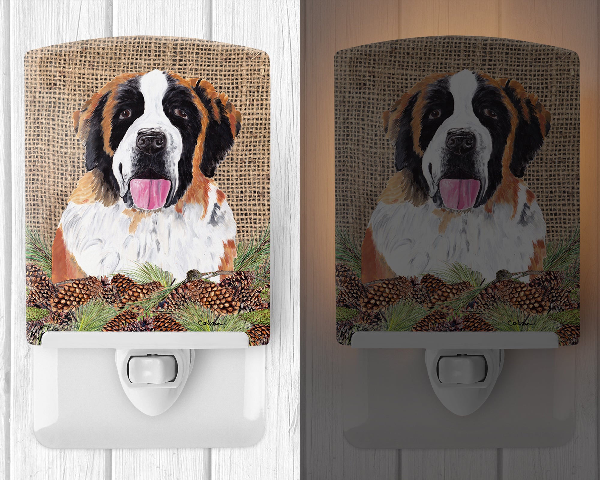 Saint Bernard Faux Burlap and Pine cones Ceramic Night Light SC9041CNL - the-store.com