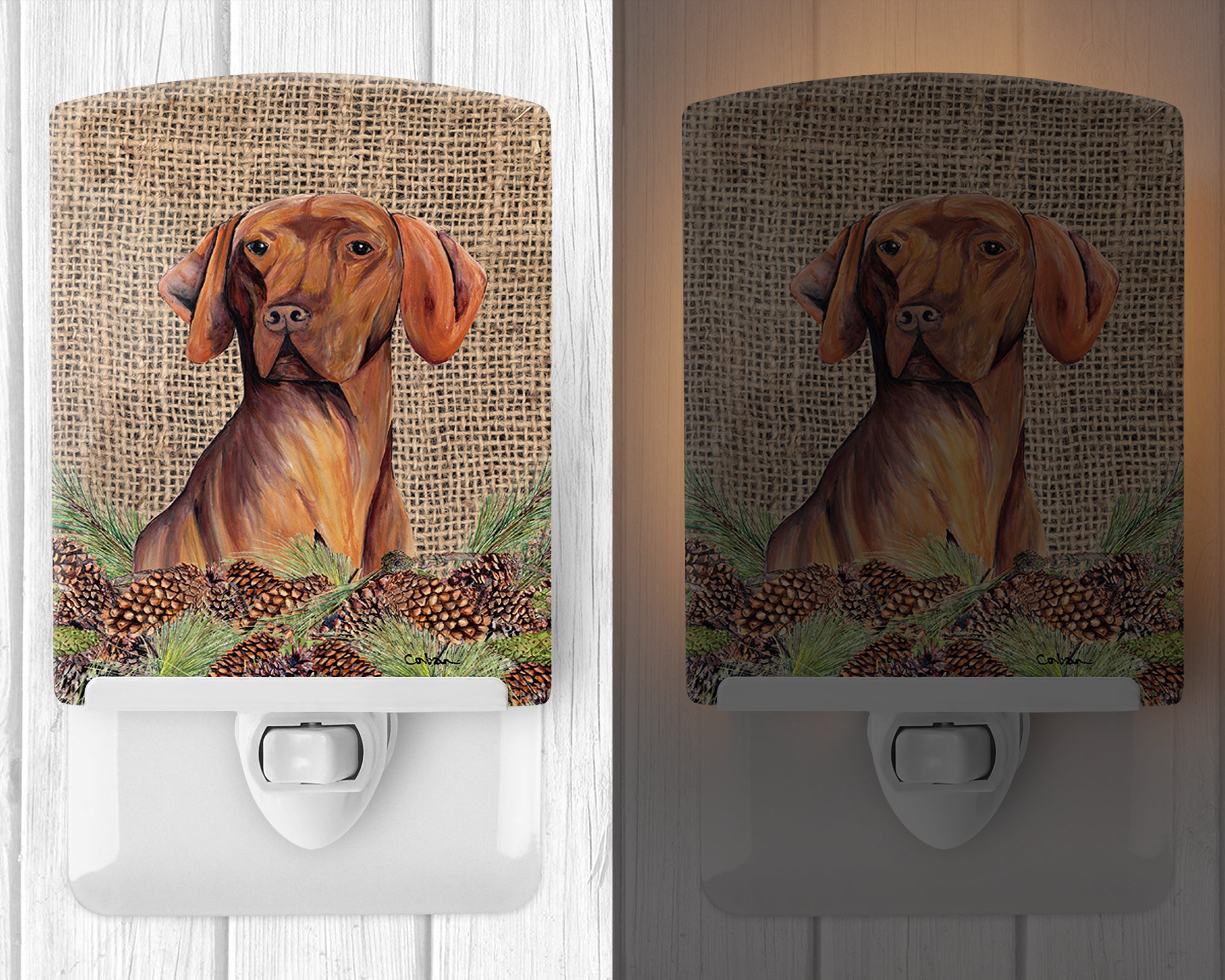 Vizsla Faux Burlap and Pine cones Ceramic Night Light SC9044CNL - the-store.com