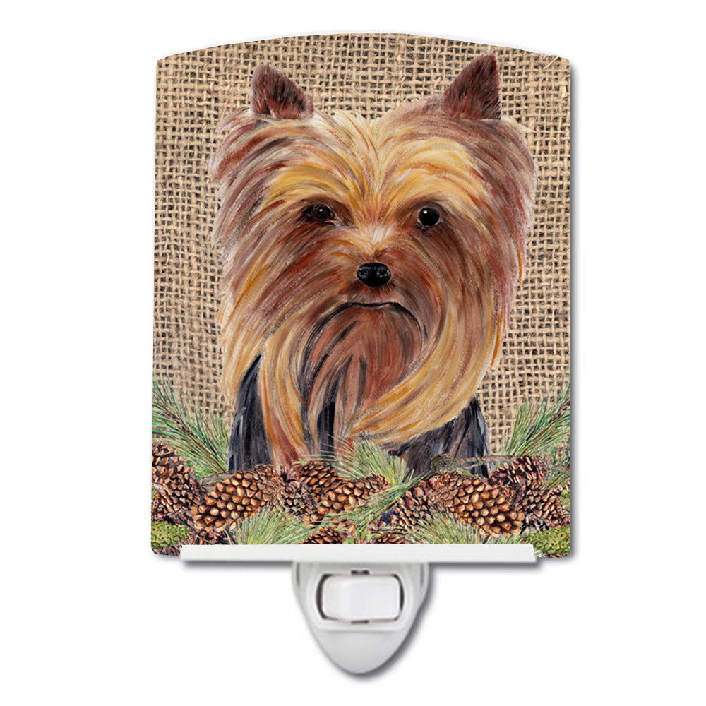 Yorkie Faux Burlap and Pine cones Ceramic Night Light SC9046CNL - the-store.com