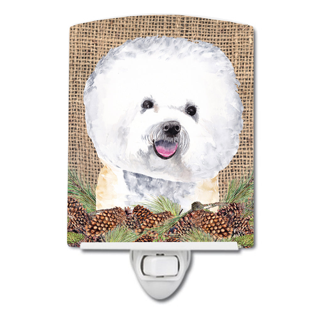 Bichon Frise Faux Burlap and Pine cones Ceramic Night Light SC9047CNL - the-store.com