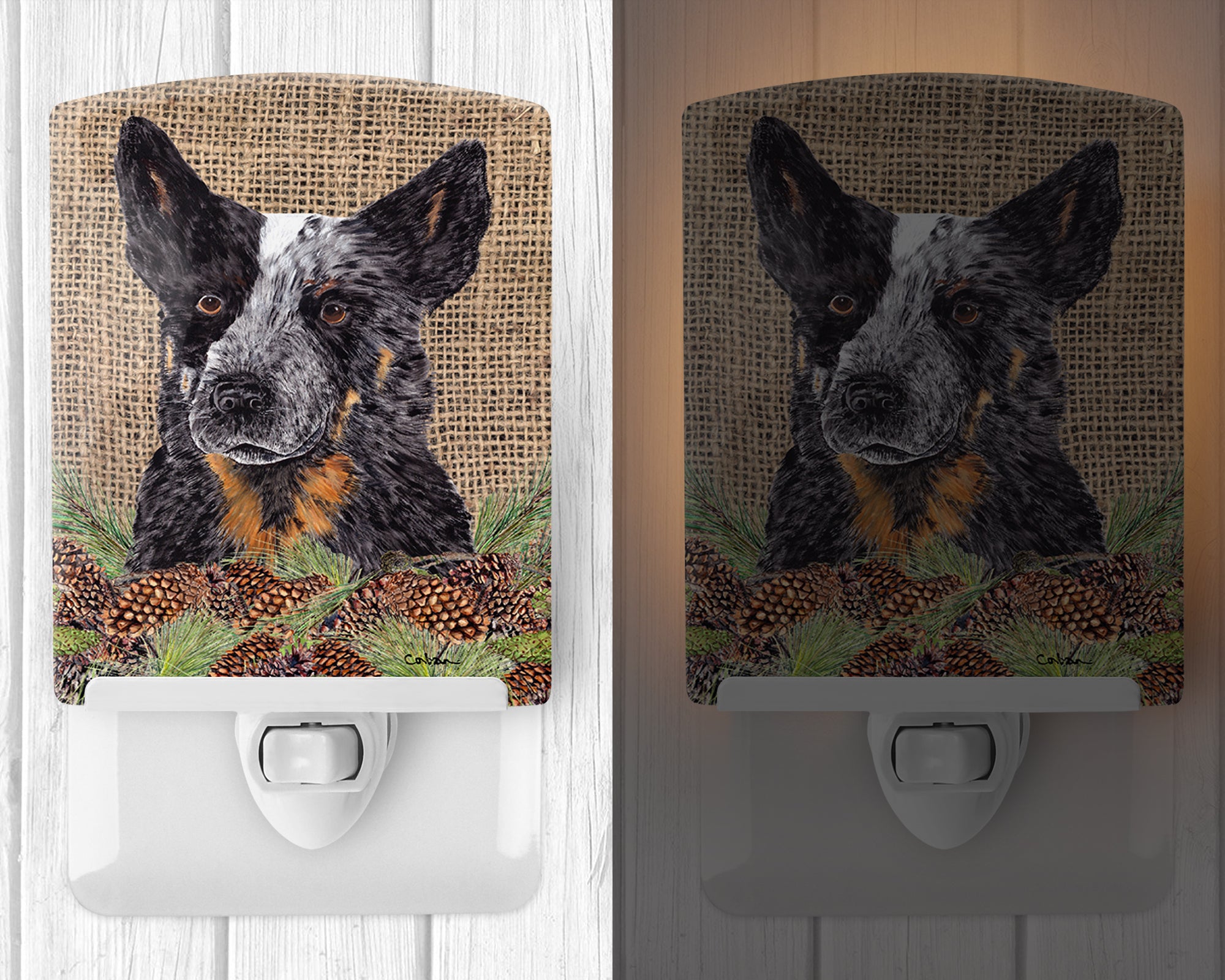 Australian Cattle Dog Faux Burlap and Pine cones Ceramic Night Light SC9050CNL - the-store.com