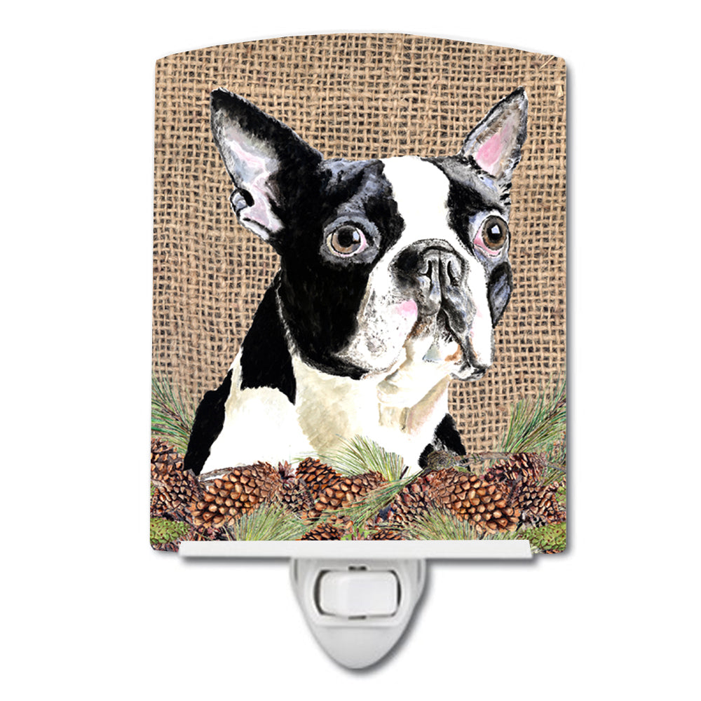 Boston Terrier Faux Burlap and Pine cones Ceramic Night Light SC9051CNL - the-store.com