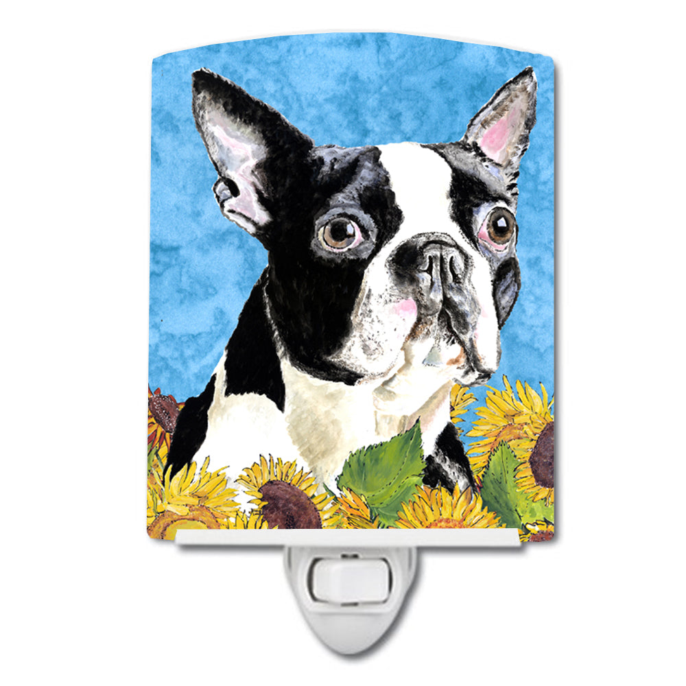 Boston Terrier in Summer Flowers Ceramic Night Light SC9063CNL - the-store.com