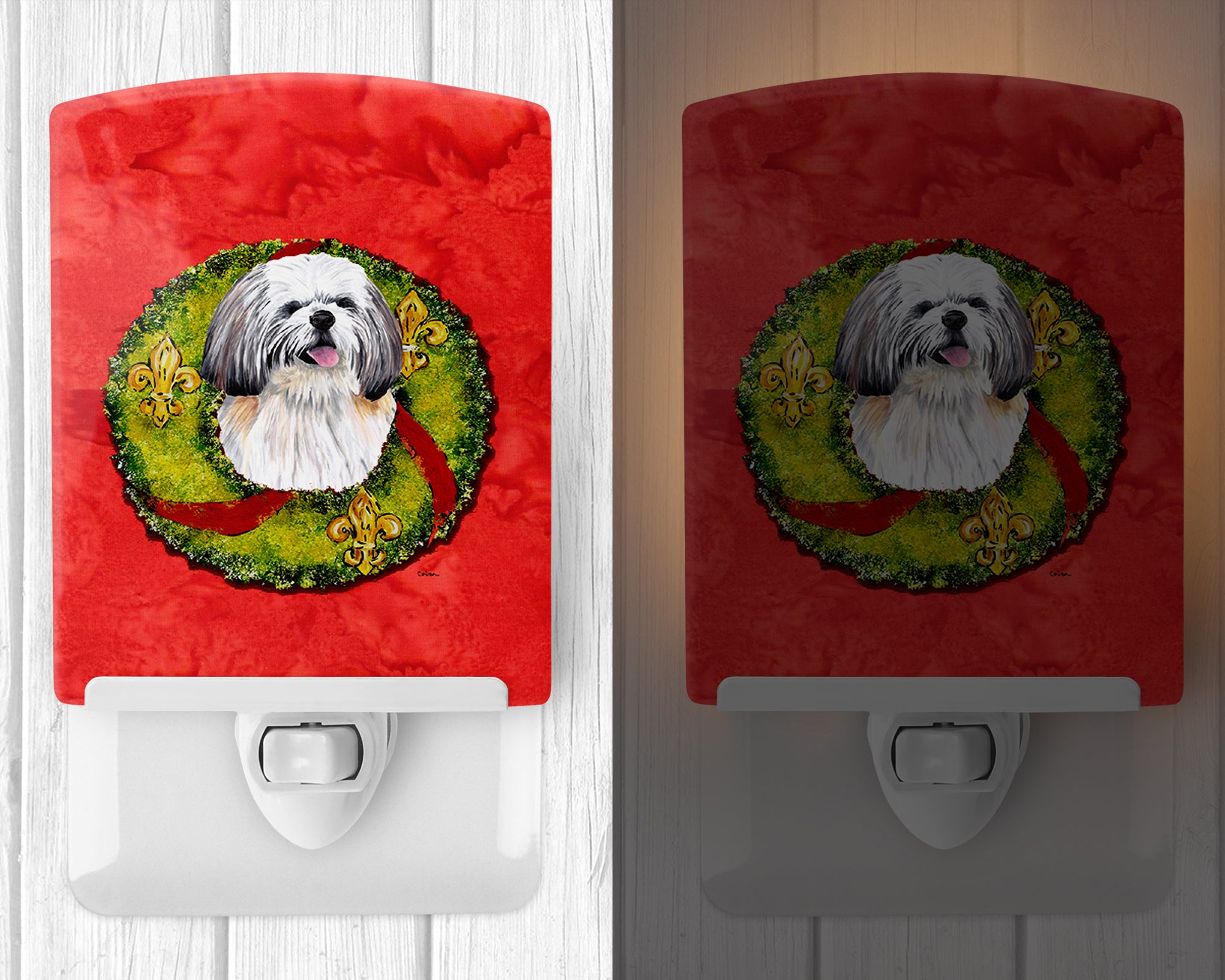 Shih Tzu Christmas Wreath Ceramic Night Light SC9108CNL - the-store.com