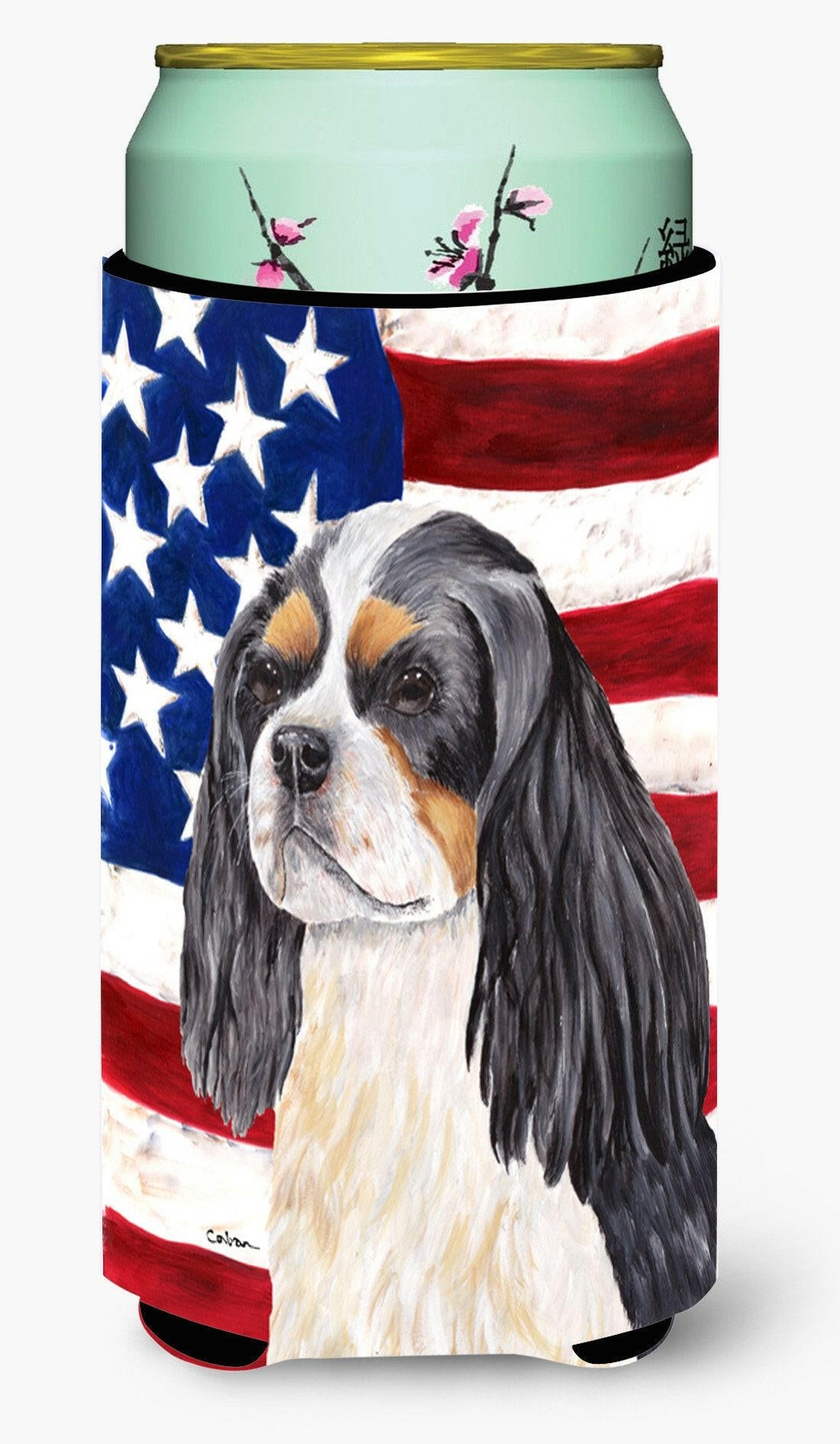 USA American Flag with Cavalier Spaniel  Tall Boy Beverage Insulator Beverage Insulator Hugger by Caroline's Treasures