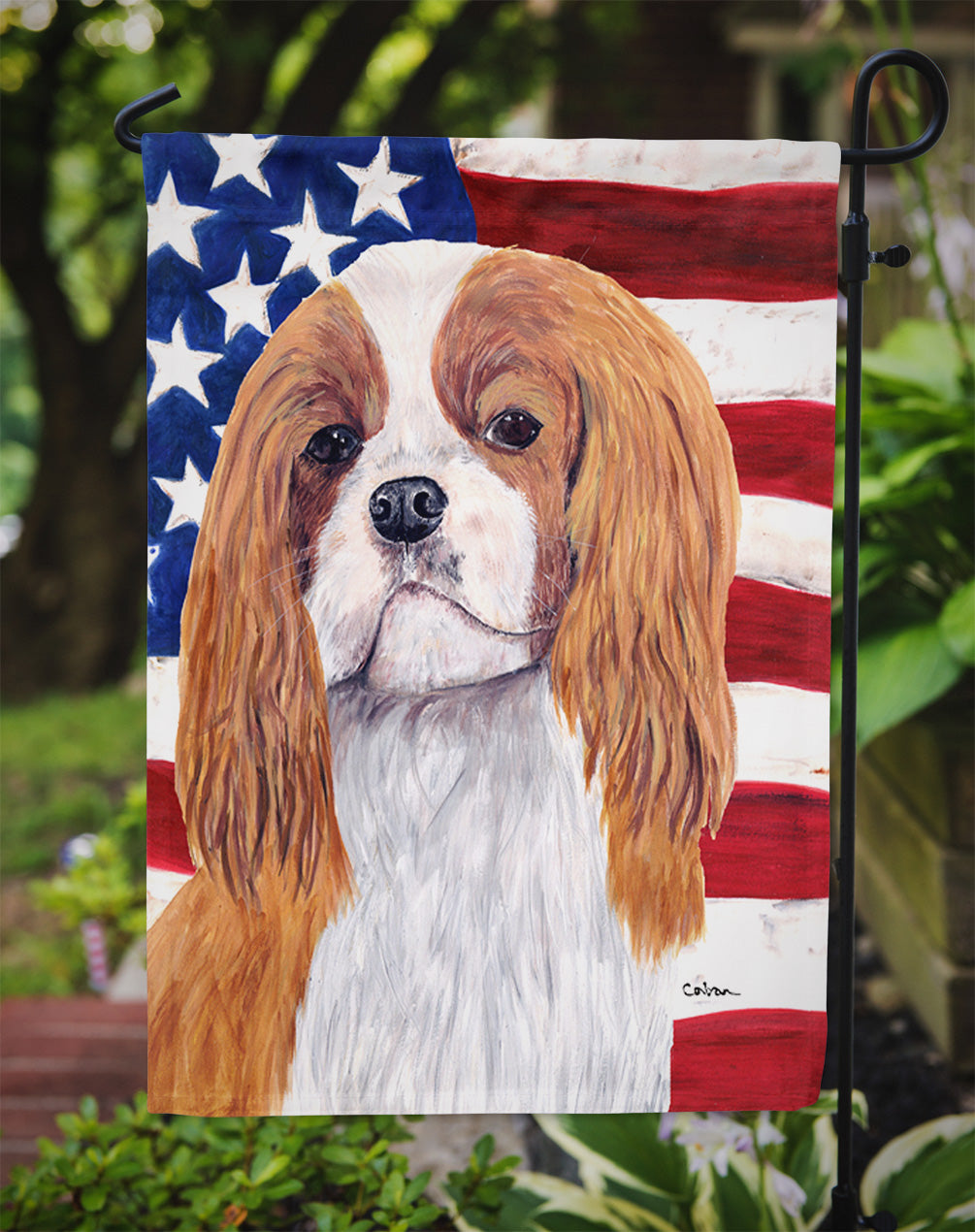 USA American Flag with Cavalier Spaniel Flag Garden Size.