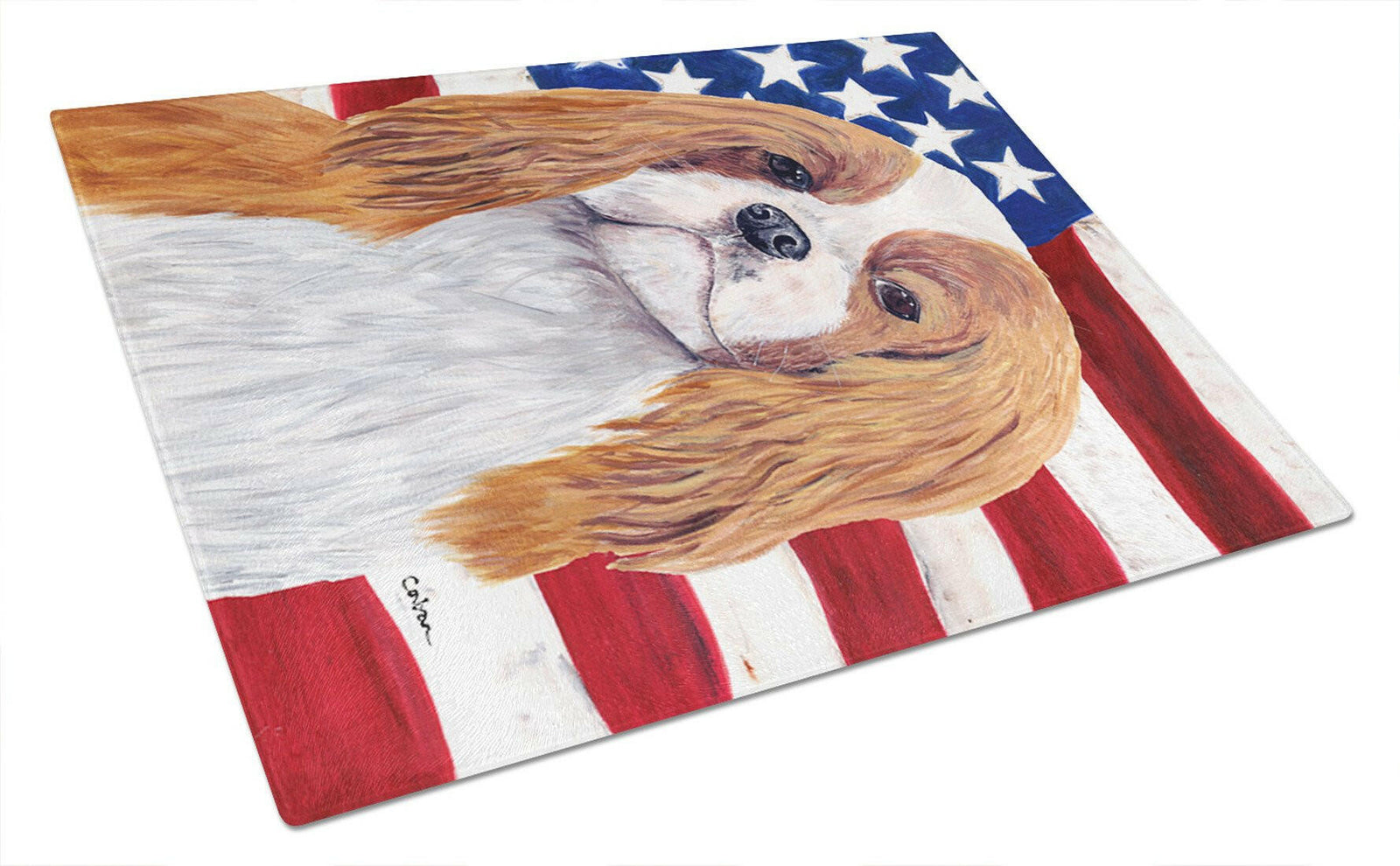 USA American Flag with Cavalier Spaniel Glass Cutting Board Large by Caroline's Treasures