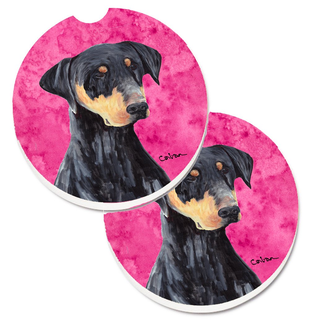 Pink Doberman Set of 2 Cup Holder Car Coasters SC9126PKCARC by Caroline&#39;s Treasures