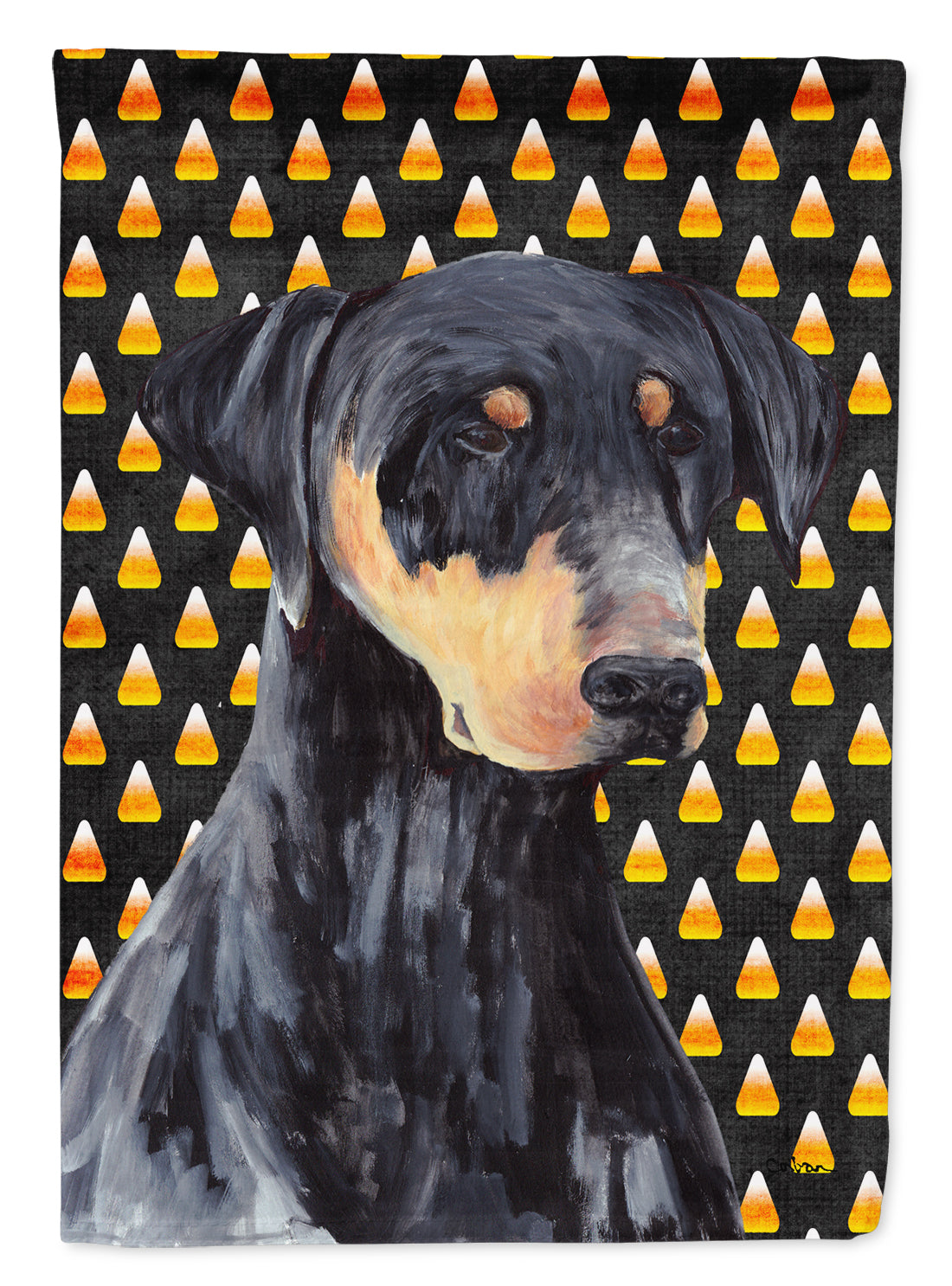 Doberman Natural Ears Candy Corn Halloween Portrait Flag Garden Size.