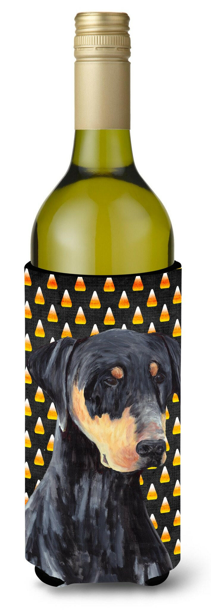 Doberman Natural Ears Candy Corn Halloween Portrait Wine Bottle Beverage Insulator Beverage Insulator Hugger by Caroline's Treasures