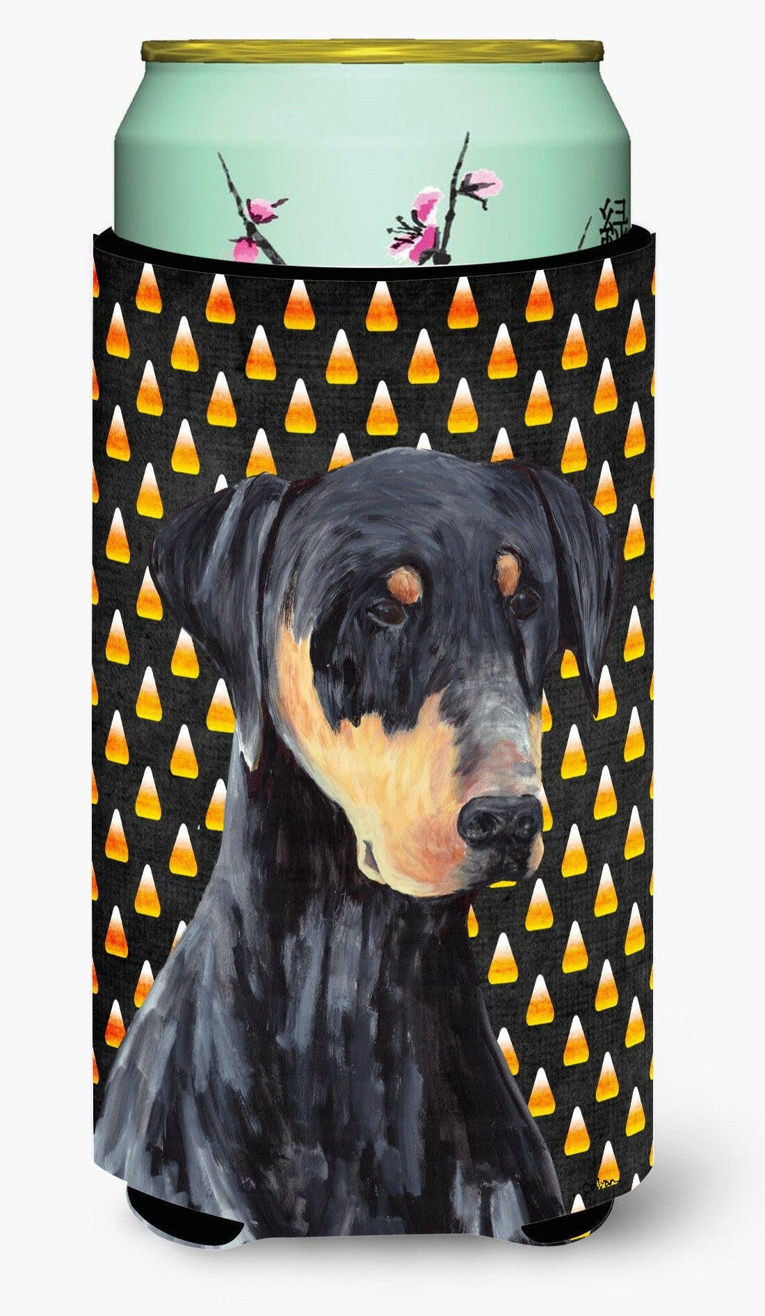 Doberman Natural Ears Candy Corn Halloween Portrait  Tall Boy Beverage Insulator Beverage Insulator Hugger by Caroline&#39;s Treasures