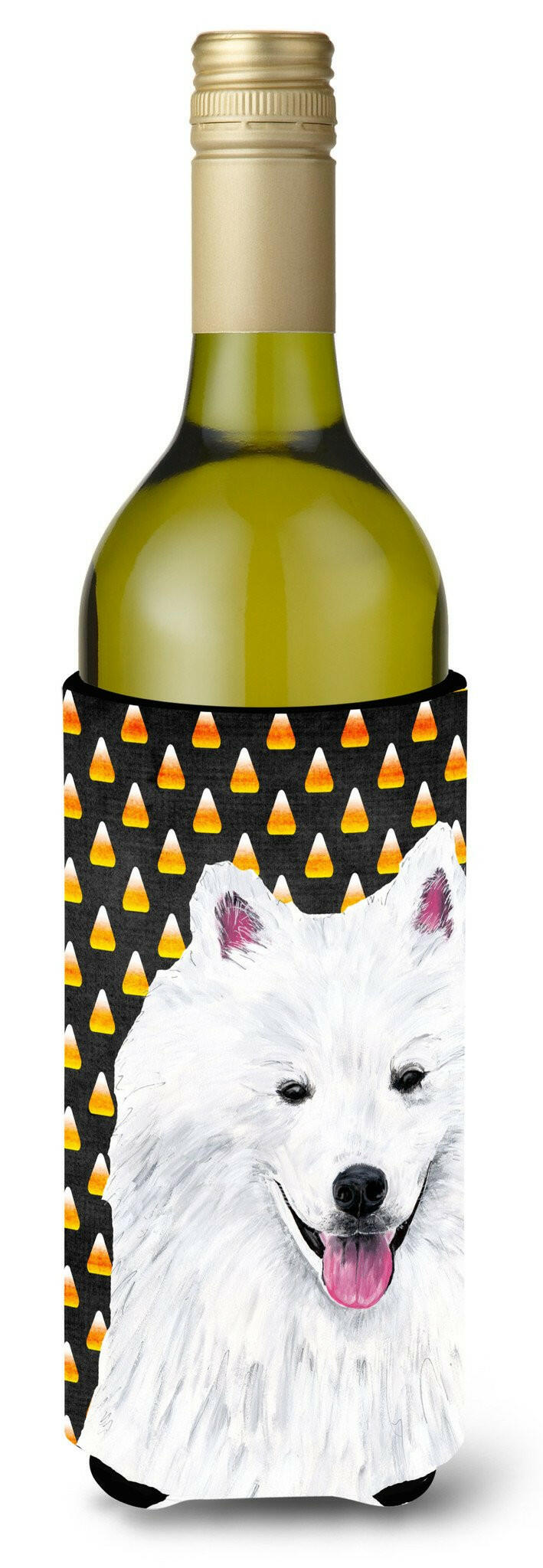 American Eskimo Candy Corn Halloween Portrait Wine Bottle Beverage Insulator Beverage Insulator Hugger by Caroline&#39;s Treasures