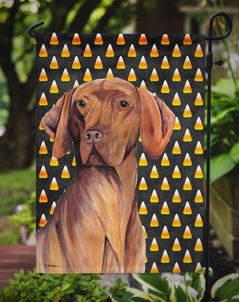 Vizsla Candy Corn Halloween Portrait Flag Garden Size.