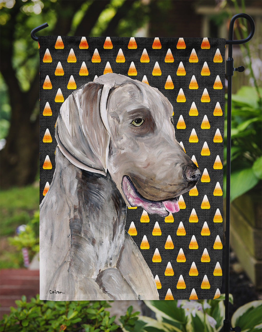 Weimaraner Candy Corn Halloween Portrait Flag Garden Size.