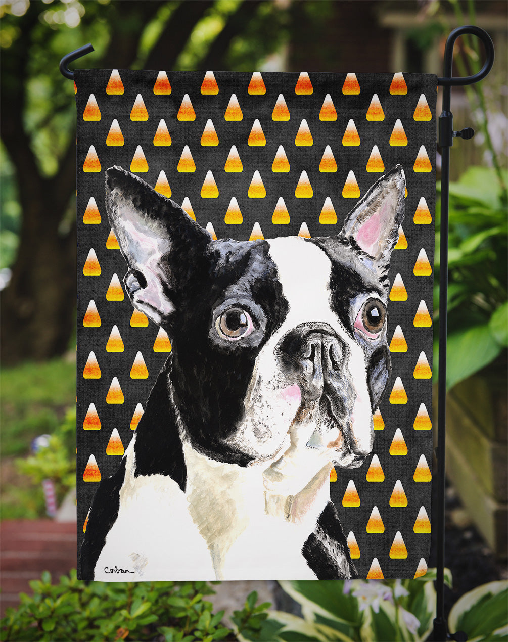 Boston Terrier Candy Corn Halloween Portrait Flag Garden Size.