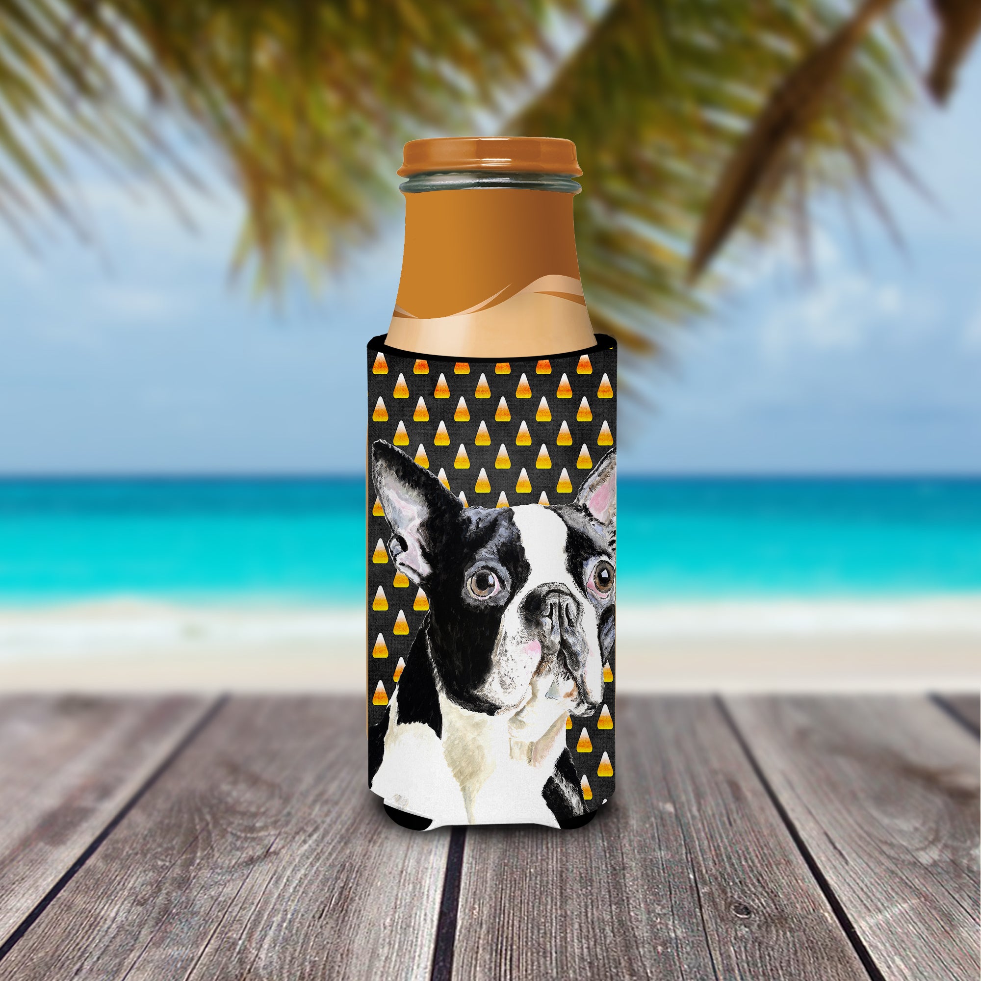 Boston Terrier Candy Corn Halloween Portrait Ultra Beverage Insulators for slim cans SC9171MUK.