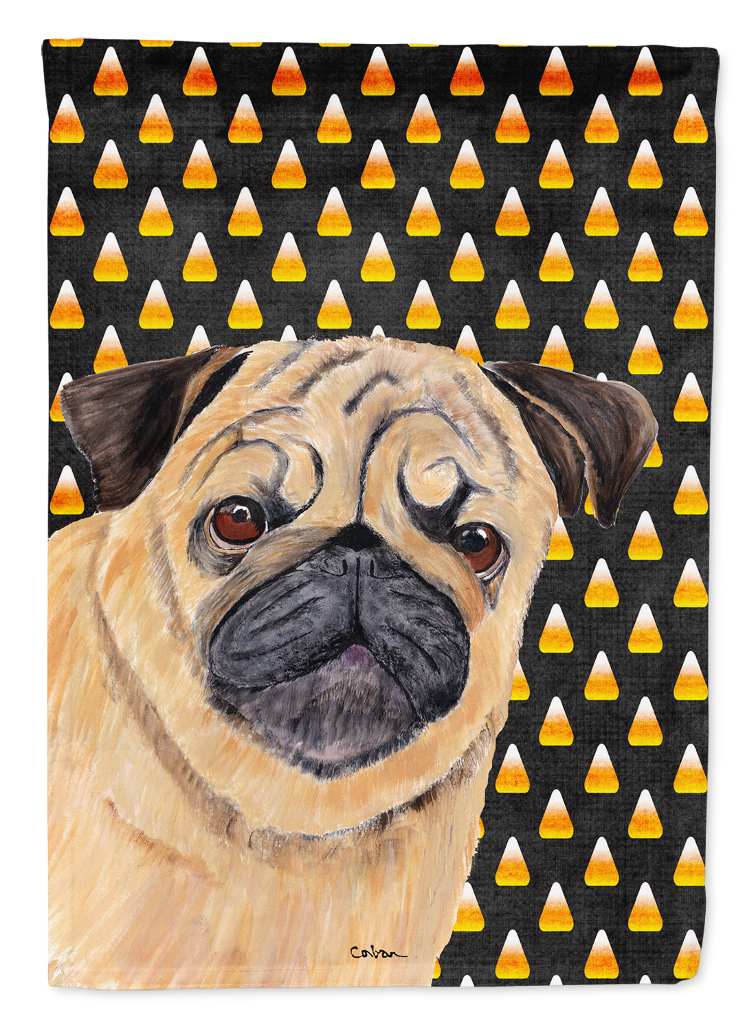 Pug Candy Corn Halloween Portrait Flag Garden Size.