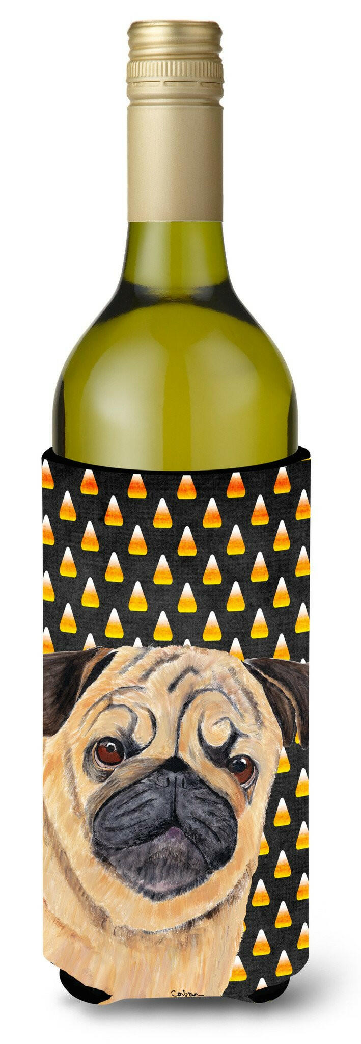 Pug Candy Corn Halloween Portrait Wine Bottle Beverage Insulator Beverage Insulator Hugger SC9181LITERK by Caroline&#39;s Treasures