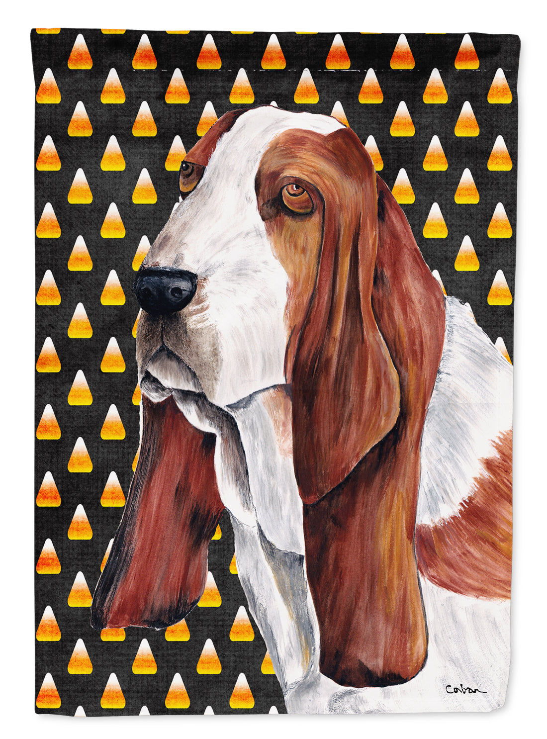 Basset Hound Candy Corn Halloween Portrait Flag Garden Size.