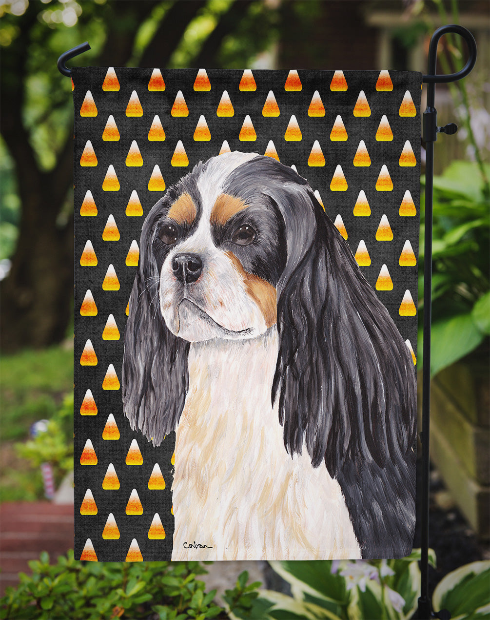 Cavalier Spaniel Tricolor Candy Corn Halloween Portrait Flag Garden Size.