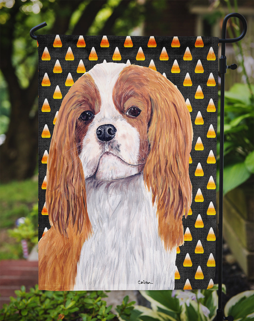 Cavalier Spaniel Blenheim Candy Corn Halloween Portrait Flag Garden Size.