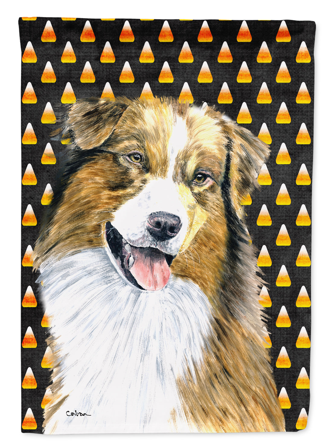 Australian Shepherd Candy Corn Halloween Portrait Flag Garden Size.