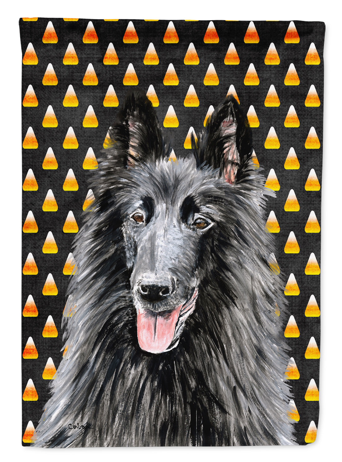 Belgian Sheepdog Candy Corn Halloween Portrait Flag Garden Size.