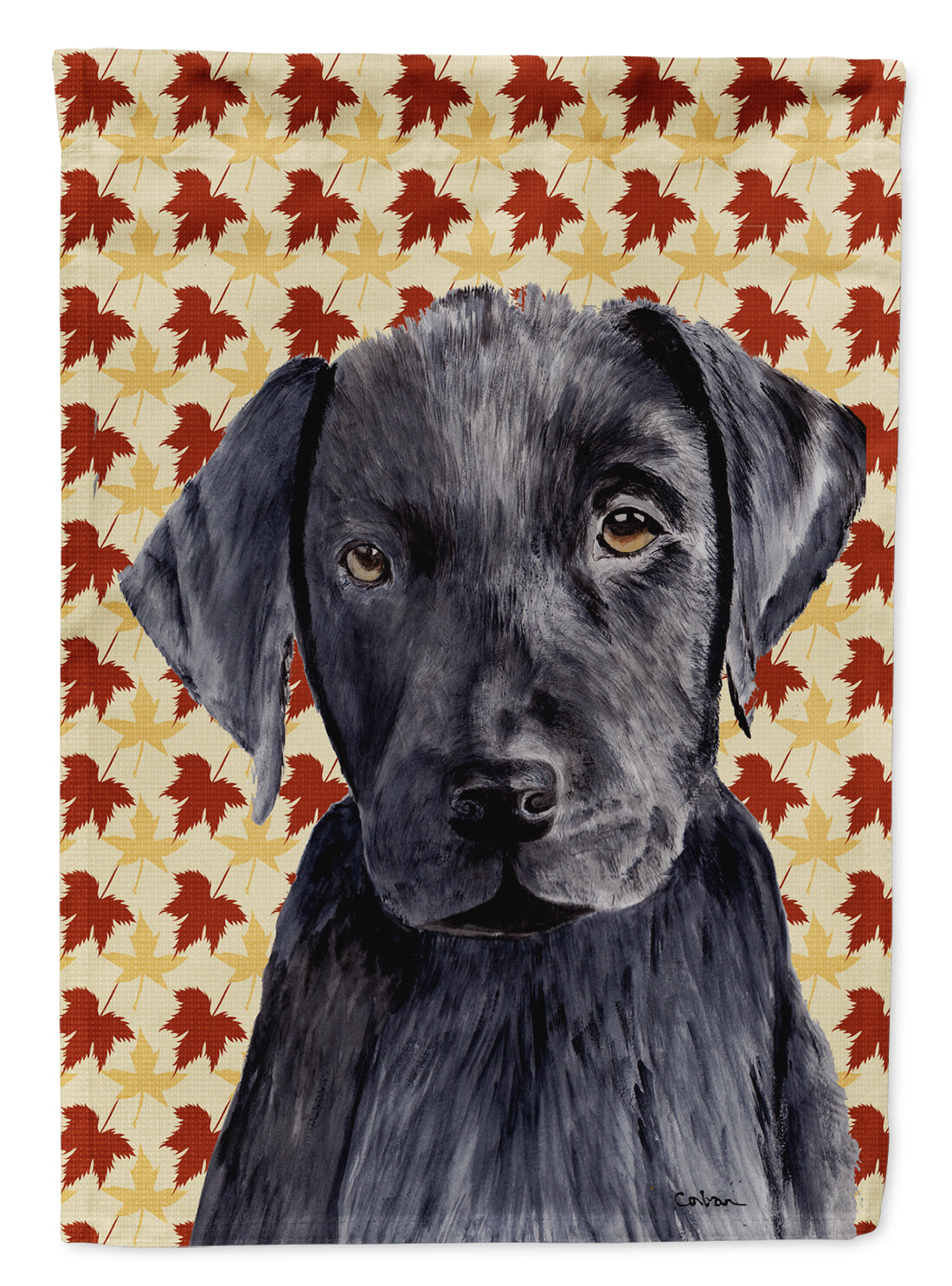 Labrador Black Fall Leaves Portrait Flag Garden Size.