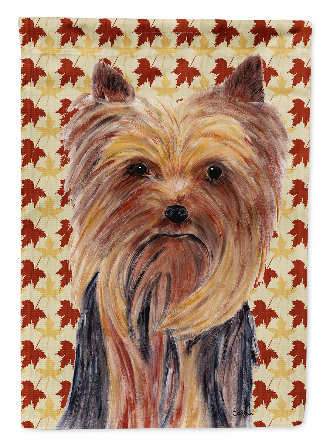 Yorkie Fall Leaves Portrait Flag Garden Size.