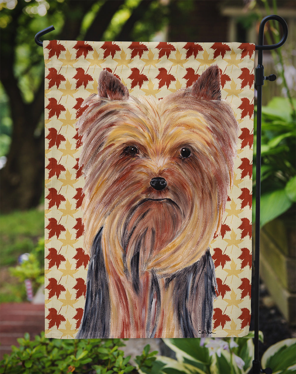 Yorkie Fall Leaves Portrait Flag Garden Size.