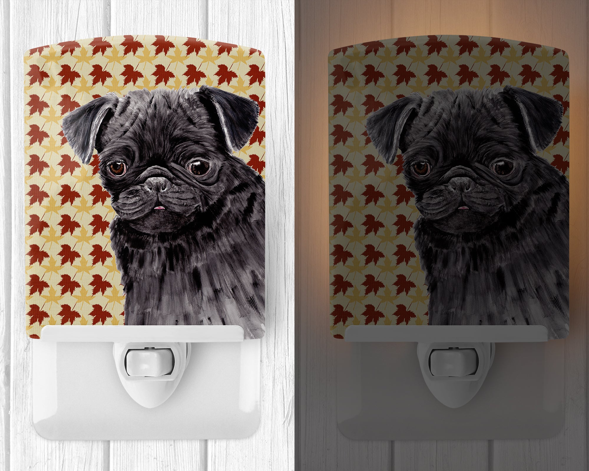 Pug Black Fall Leaves Portrait Ceramic Night Light SC9206CNL - the-store.com