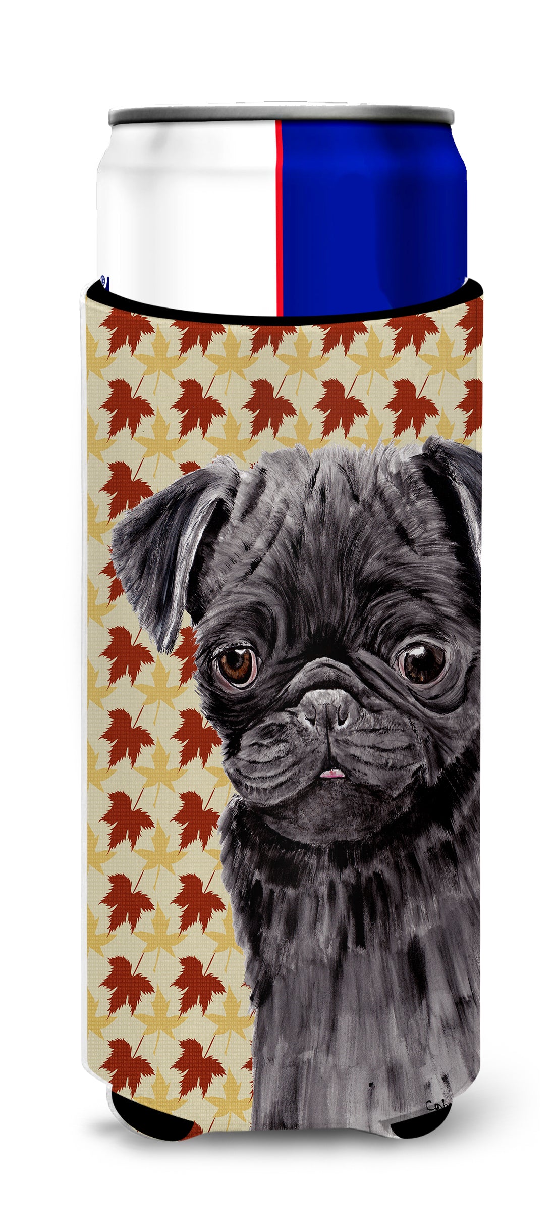 Pug Black Fall Leaves Portrait Ultra Beverage Insulators for slim cans SC9206MUK.