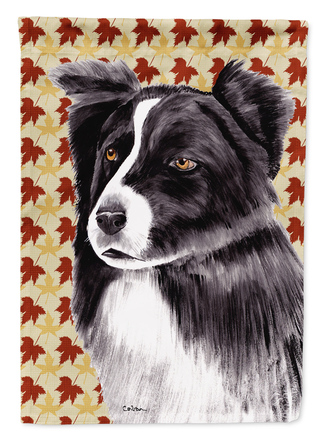 Border Collie Fall Leaves Portrait Flag Garden Size.