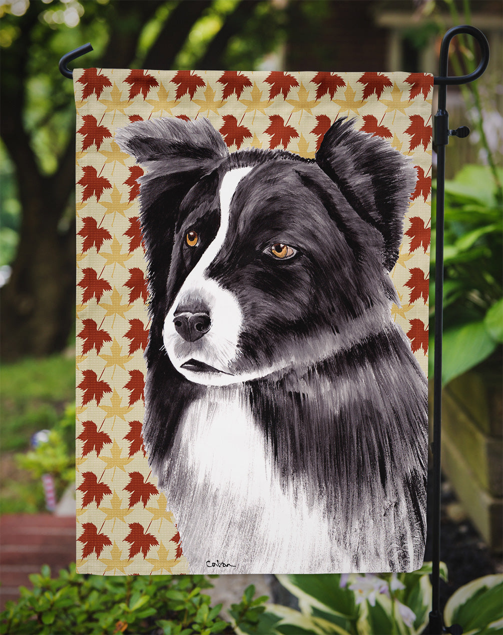 Border Collie Fall Leaves Portrait Flag Garden Size.