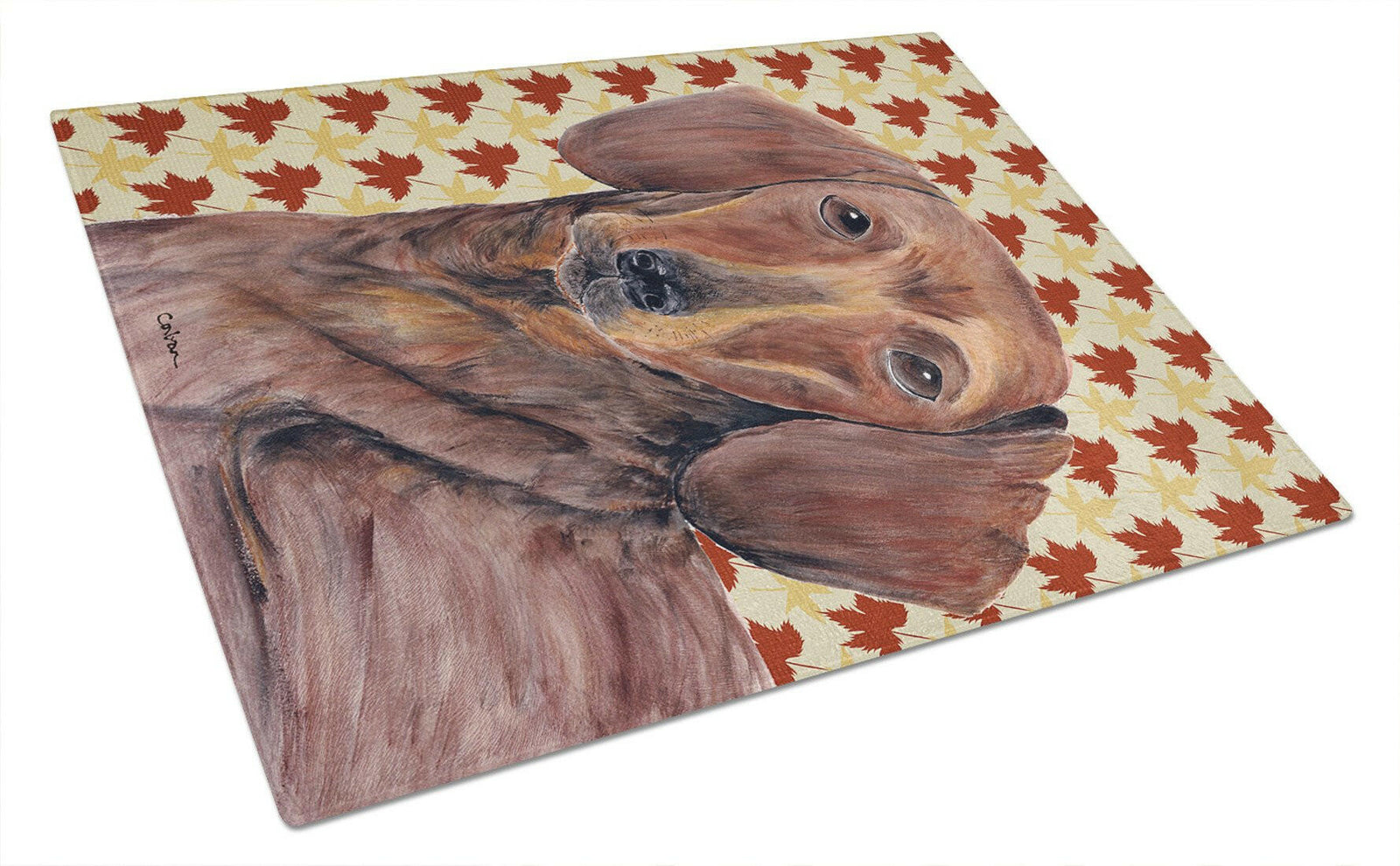 Dachshund Fall Leaves Portrait Glass Cutting Board Large by Caroline's Treasures